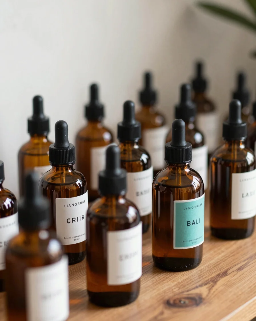 Close-up of amber glass bottles of aromatic mists and corporate f