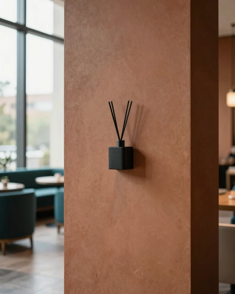 Luxury hotel lobby with a sleek, minimalist scent diffuser subtly